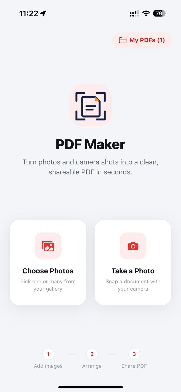PDF Maker home — choose photos or take a photo