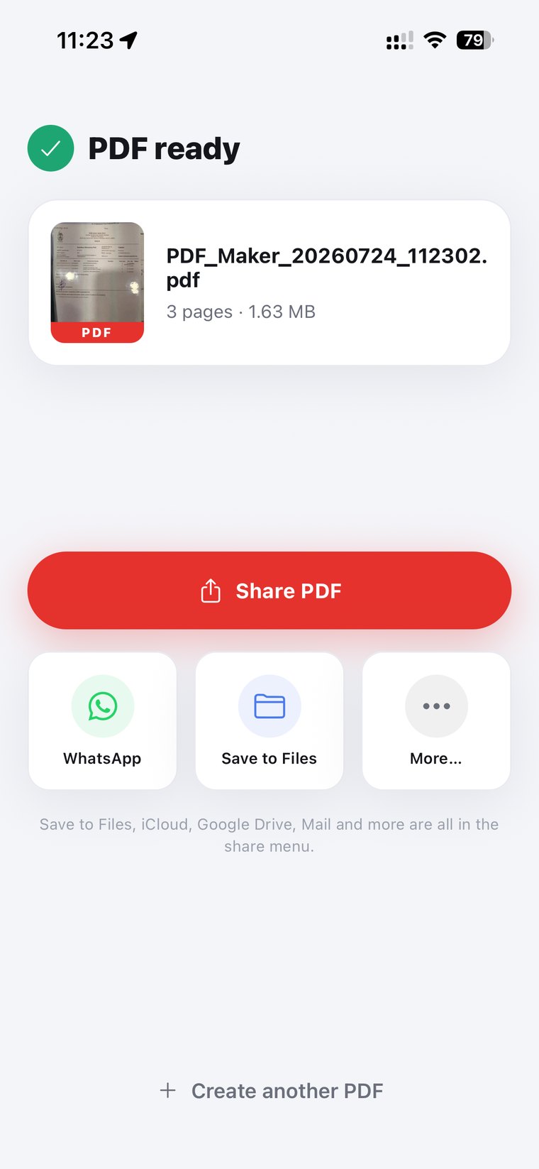 PDF ready — share, save to Files, or WhatsApp